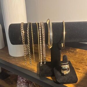 Gold vintage bracelets and rings.